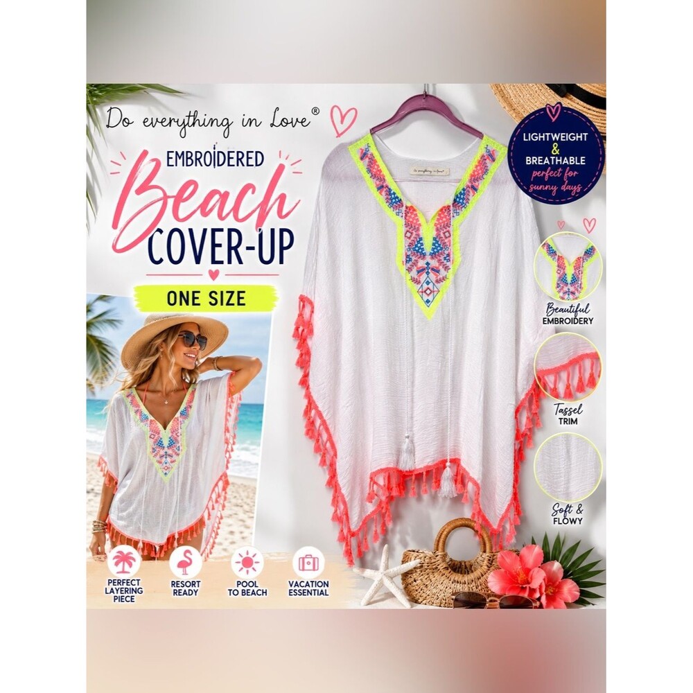Do Everything In Love White Embroidered Tassel Beach Cover Up Poncho Boho 1 Size